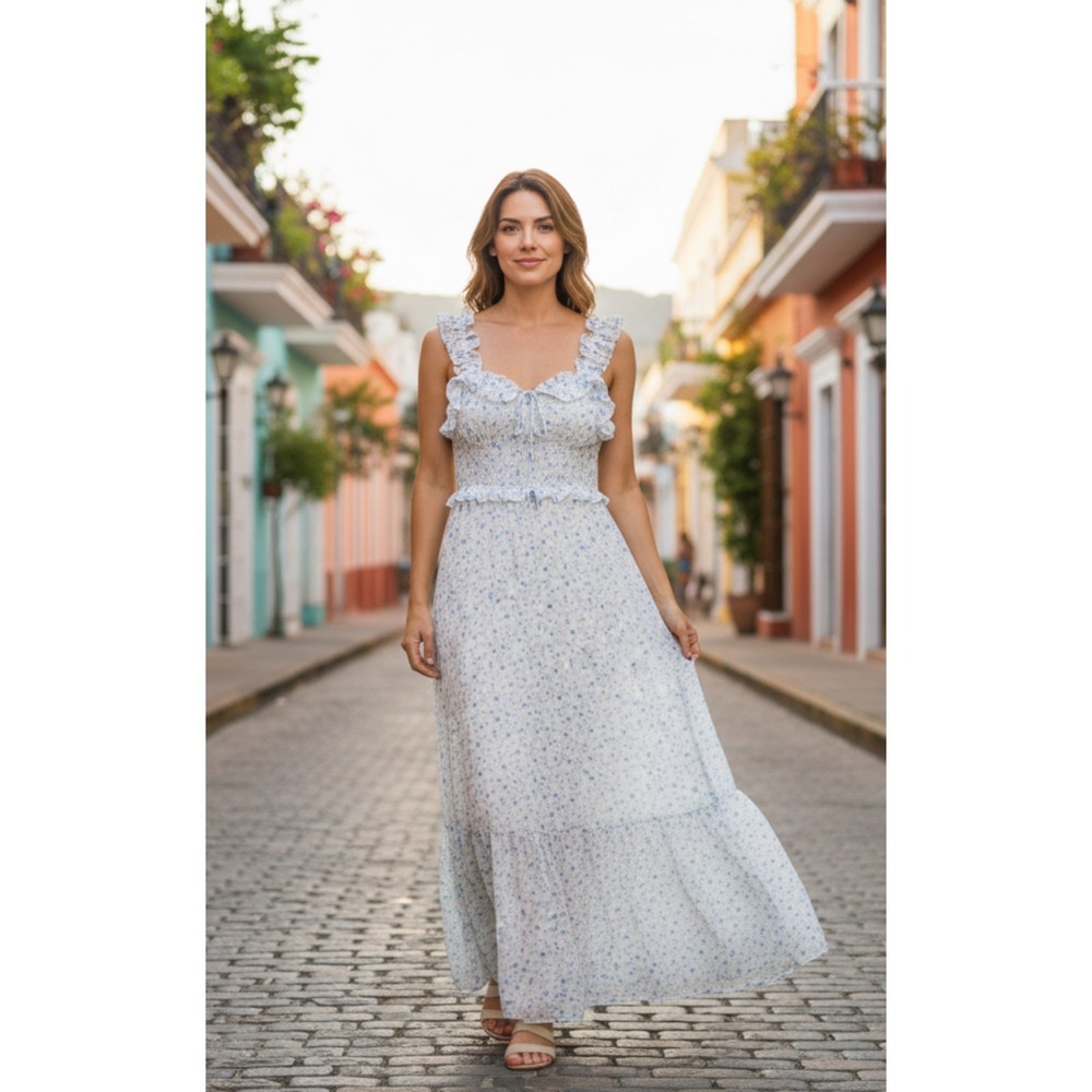 Kingston Grey Maxi Dress Women Cottagecore Floral Blue White Small NWT Ruffle